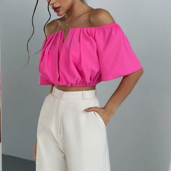 Hot Pink Casual Women's Off Shoulder V-Neckline Waisted Blouse - Picture 4 of 5